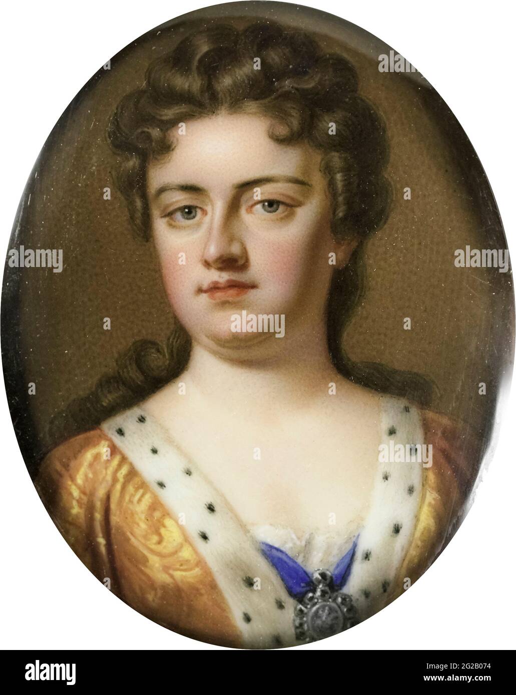 La reine Anne (Stuart) (1665-1714), la reine d'Angleterre, d'Écosse et d'Irlande (1702-1707), la reine de Grande-Bretagne et d'Irlande (1707-1714), épouse de George du Danemark, portrait miniature de Charles Boit après Kneller, 1703-1727 Banque D'Images