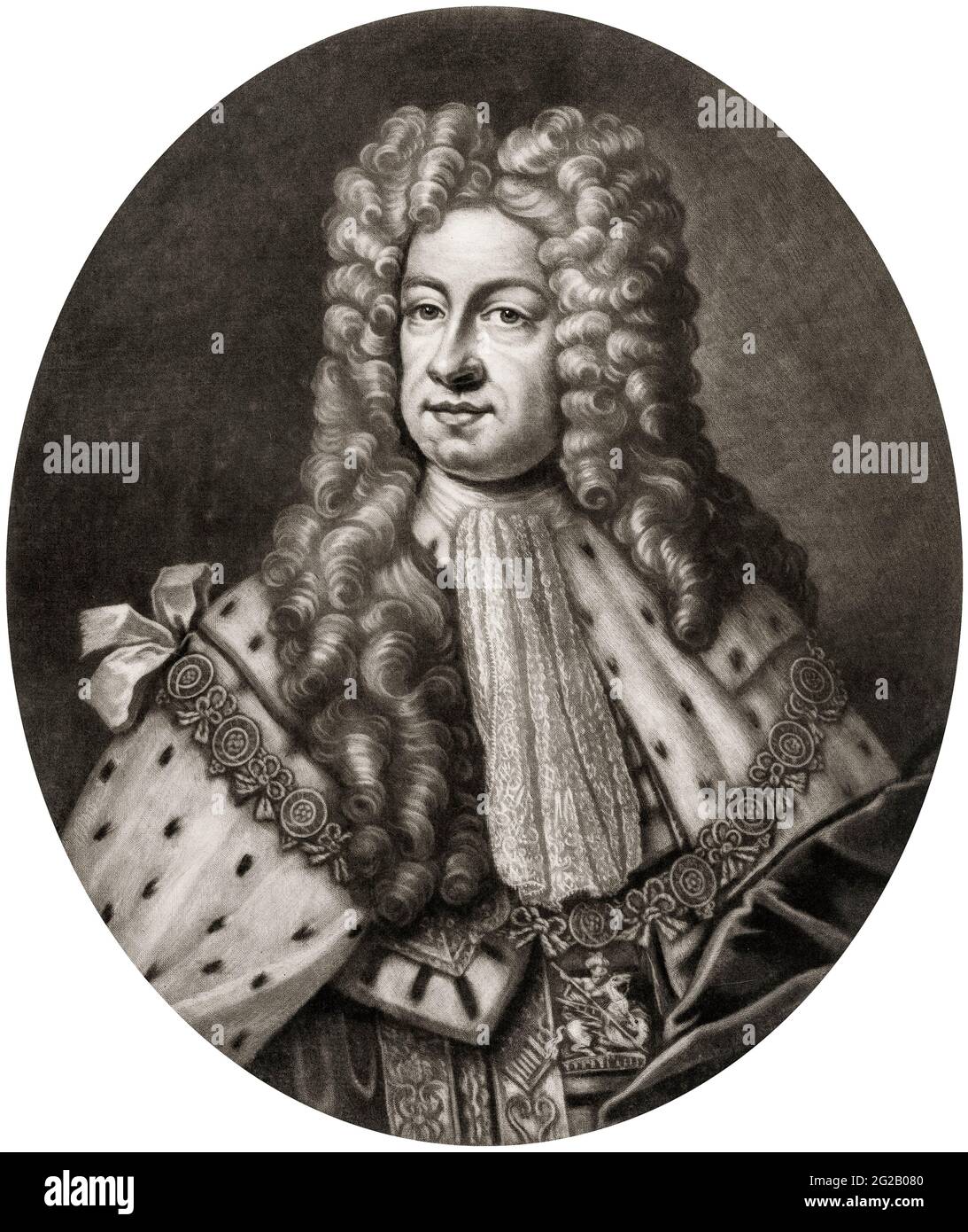 Le roi George I de Grande-Bretagne et d'Irlande (1660-1727), régna (1714-1727), gravure de portrait et mezzotint de John Faber le plus jeune, 1722 Banque D'Images