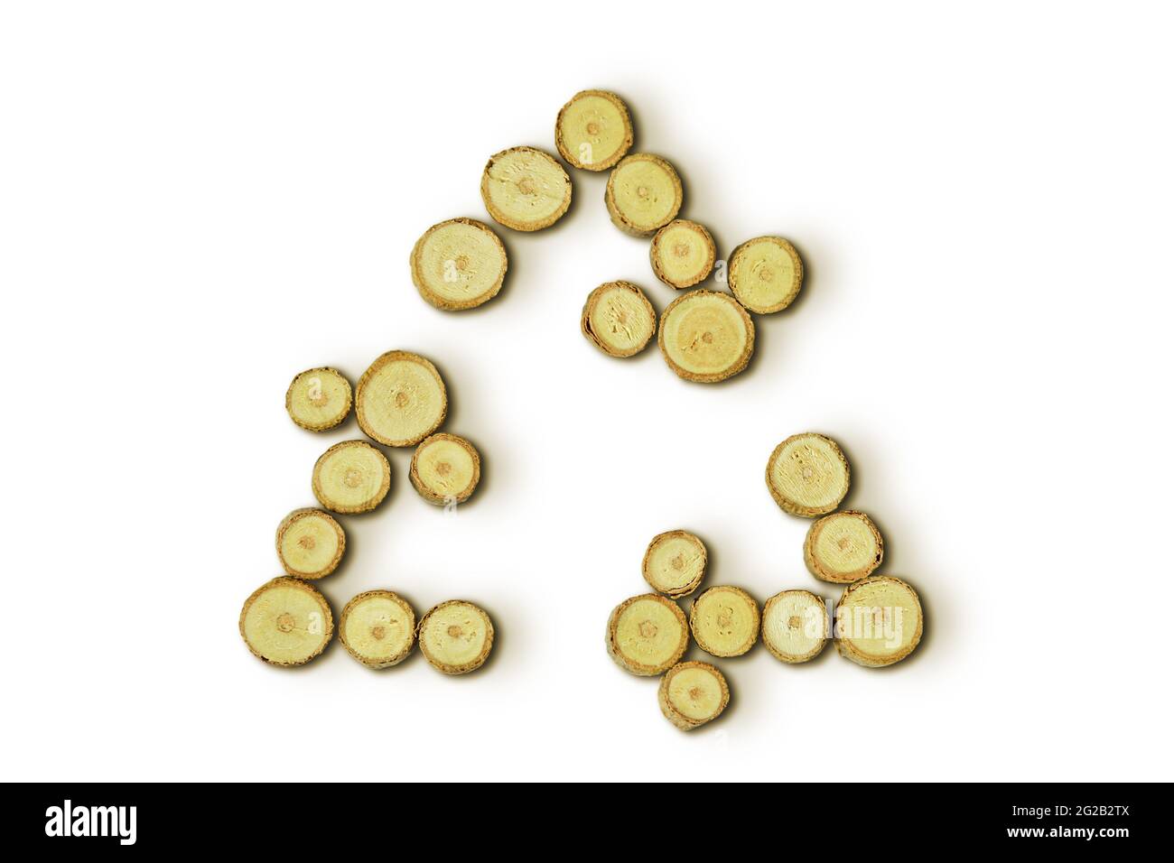 Symbole de recyclage fait de tranches de bois sur fond blanc - concept d'écologie Banque D'Images