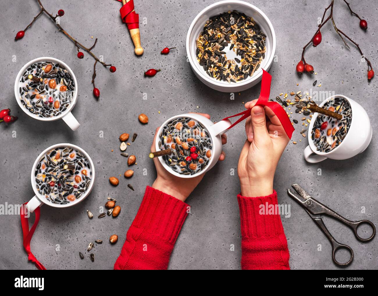 Étape 7. Un enfant tirare un arc rouge sur un mangeoire à oiseaux en forme de tasse. Vue de dessus. Banque D'Images