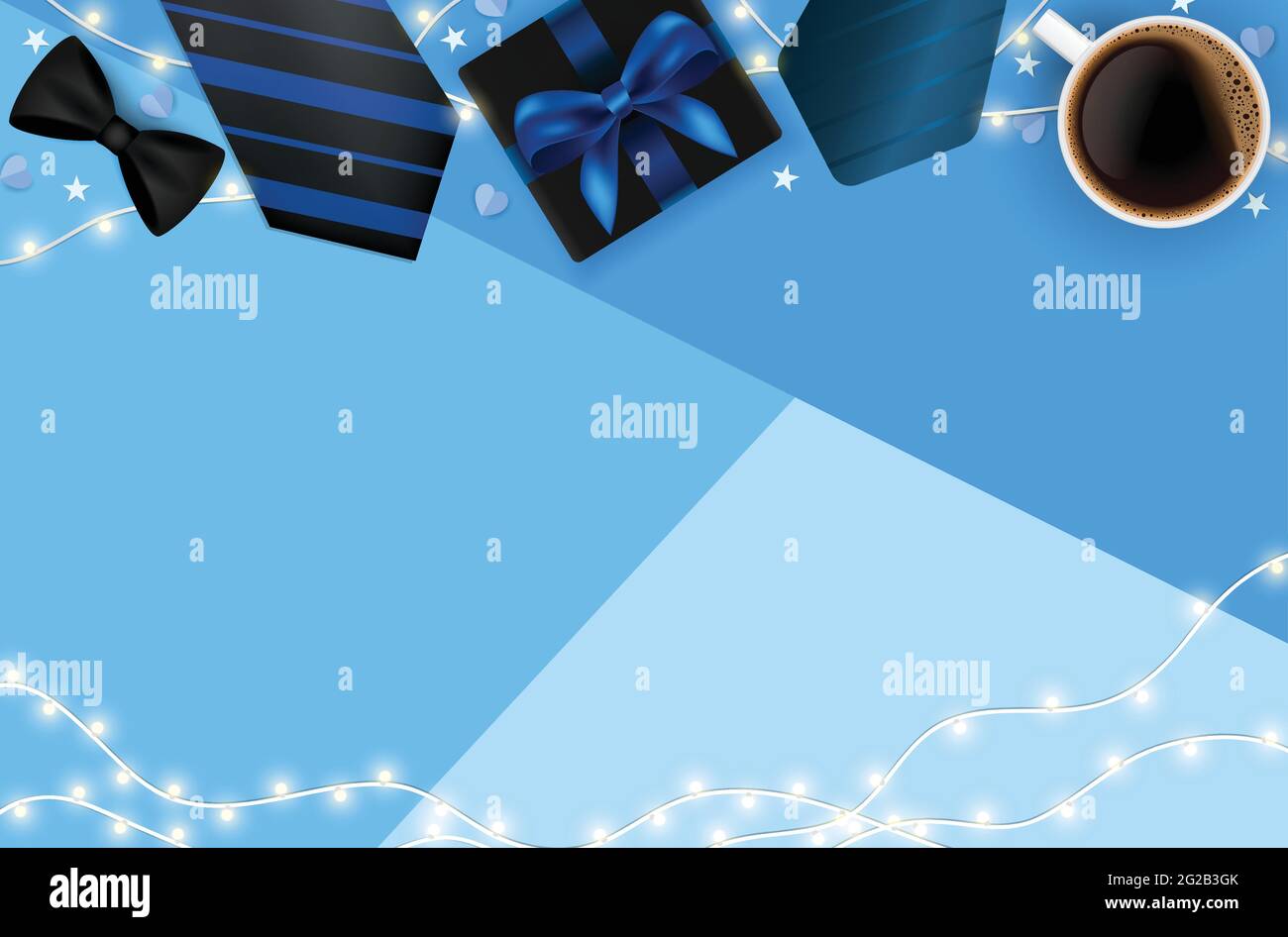 Illustration vectorielle du concept de la fête des pères sur fond bleu. Bannière de fête des pères avec cravate, noeud, tasse à café, boîte-cadeau et lumières de fées. Illustration de Vecteur