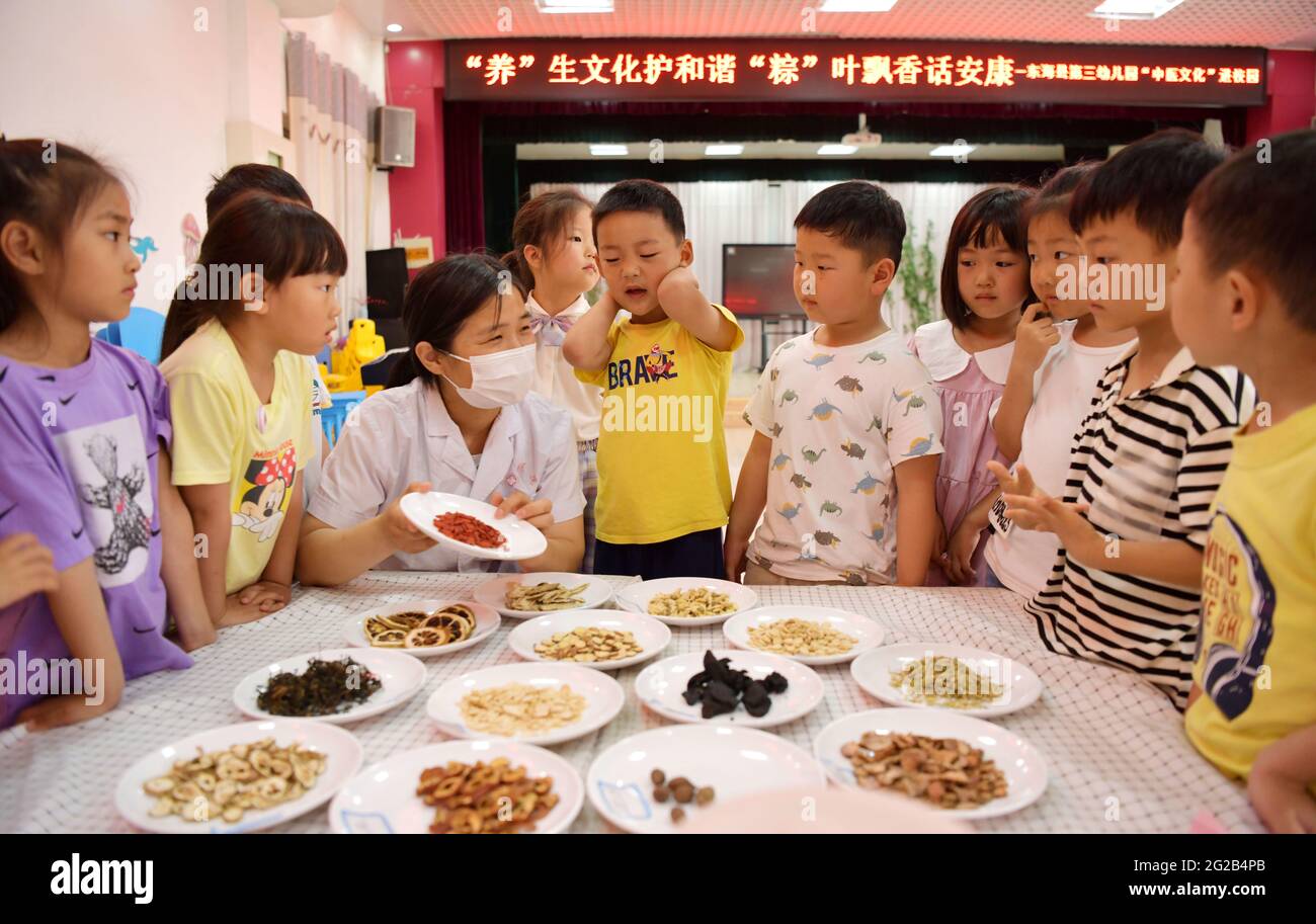 Donghai, Donghai, Chine. 10 juin 2021. Le 9 juin 2021, dans la troisième école maternelle du comté de Donghai, dans la ville de Lianyungang, dans la province de Jiangsu, un professeur de soins de santé enseigne aux enfants la phytothérapie chinoise. Le même jour, la troisième école maternelle du comté de Donghai, dans la ville de Lianyungang, dans la province de Jiangsu, a organisé des enfants pour mener à bien l'activité « apprendre au sujet du festival des bateaux-dragons et reconnaître la médecine chinoise ». Nous avons ressenti le charme de la médecine traditionnelle chinoise à l'approche du Dragon Boat Festival. Crédit : SIPA Asia/ZUMA Wire/Alay Live News Banque D'Images