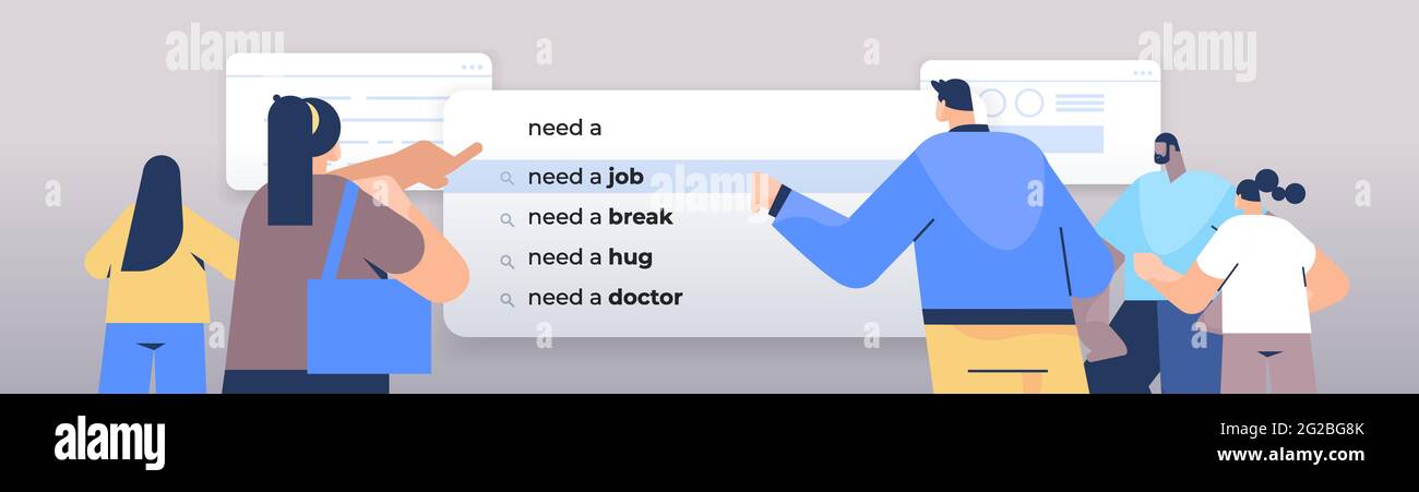 les personnes écrivant besoin d'un emploi dans la barre de recherche sur l'écran virtuel trouver un emploi en ligne de recrutement service de réseautage d'affaires d'internet Illustration de Vecteur