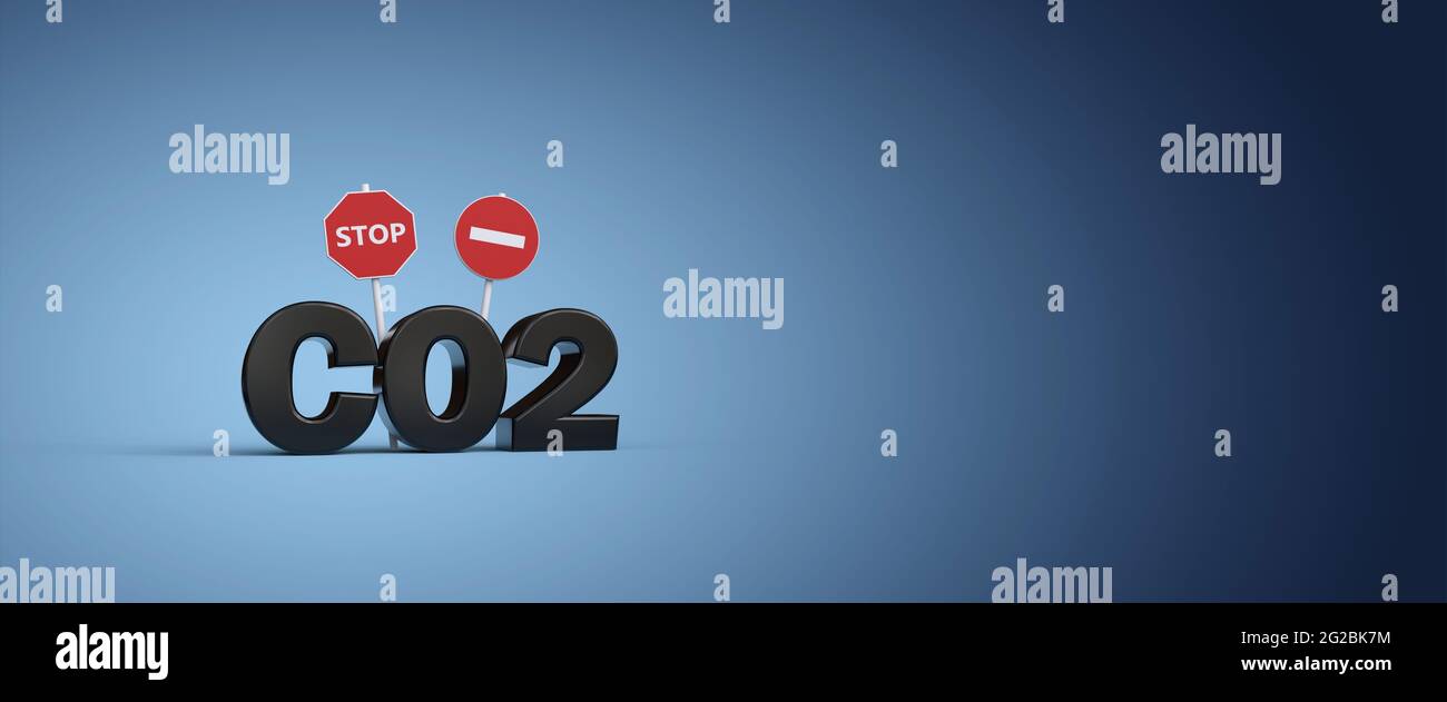 Texte CO2 avec signes d'arrêt et d'interdiction - rendu 3D Banque D'Images
