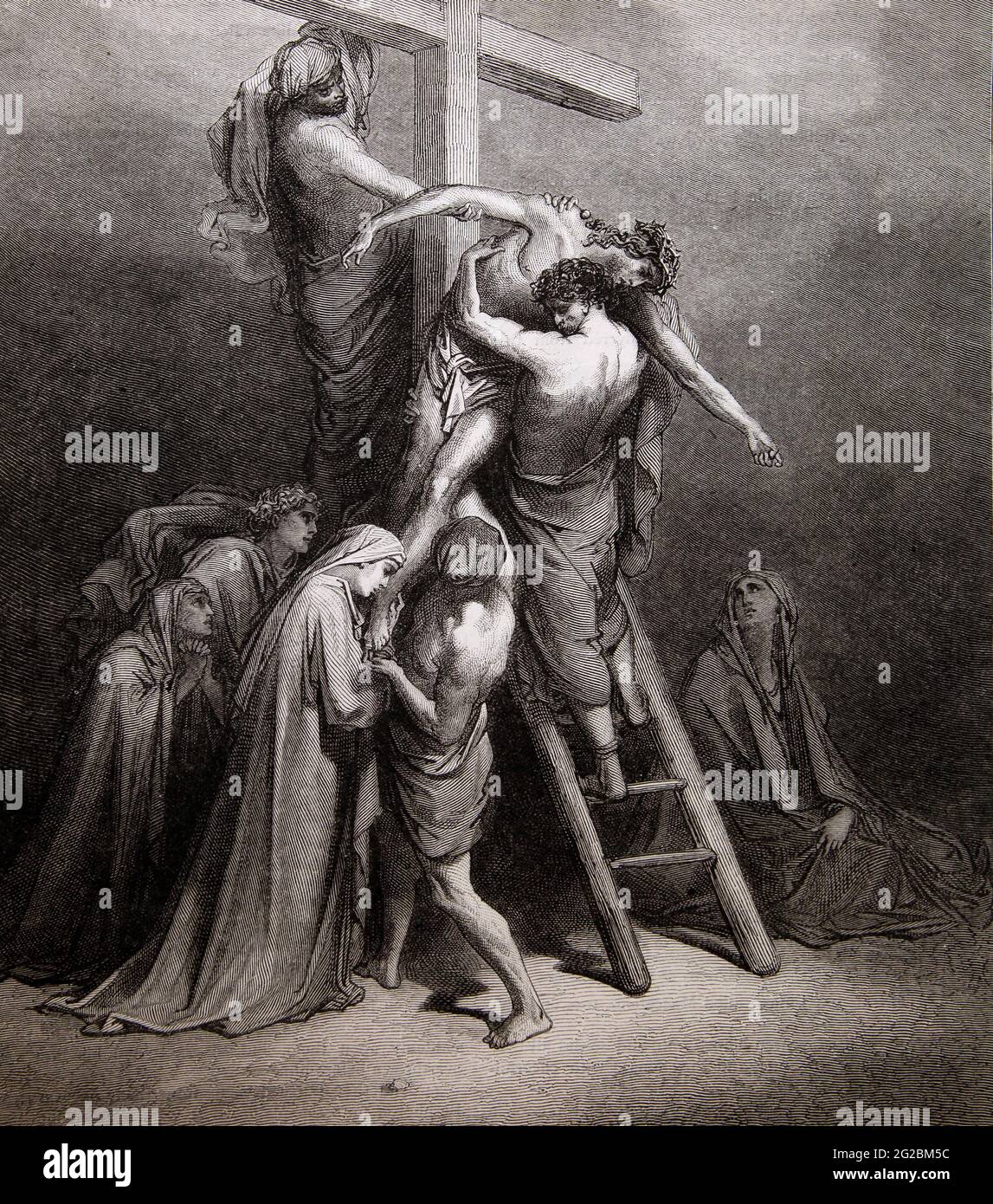 Histoire de la Bible Illustration de 'la descente de la Croix' qui fait descendre le Christ de la Croix après Crucifixion (Matthieu 27;57-58) par Gustave Dore 13th S. Banque D'Images