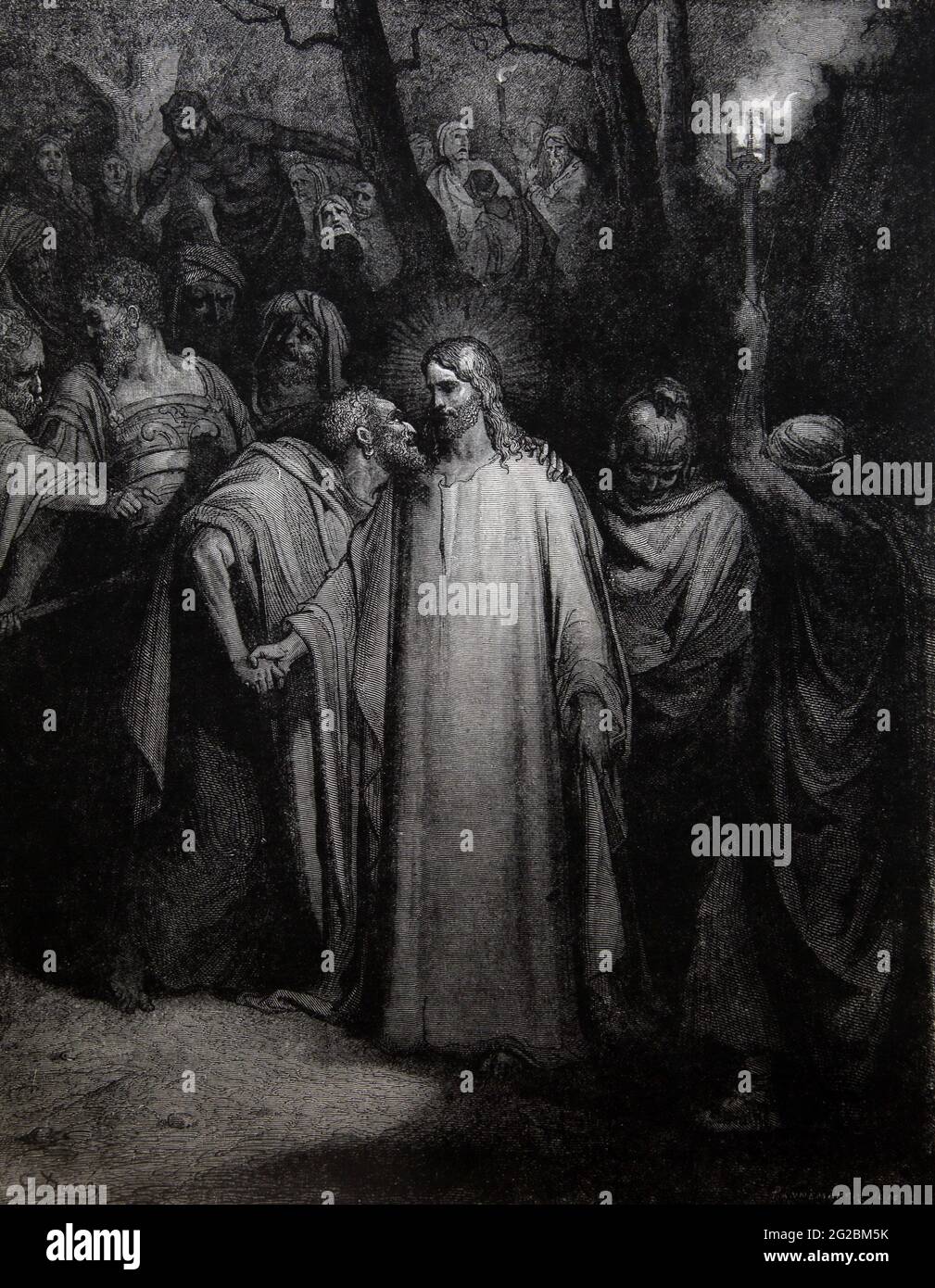 Histoire de la Bible Illustration de 'la Judas Kiss' dans le jardin du Gethsemane Nouveau Testament (Marc 14:45-46) par Gustave Dore Banque D'Images