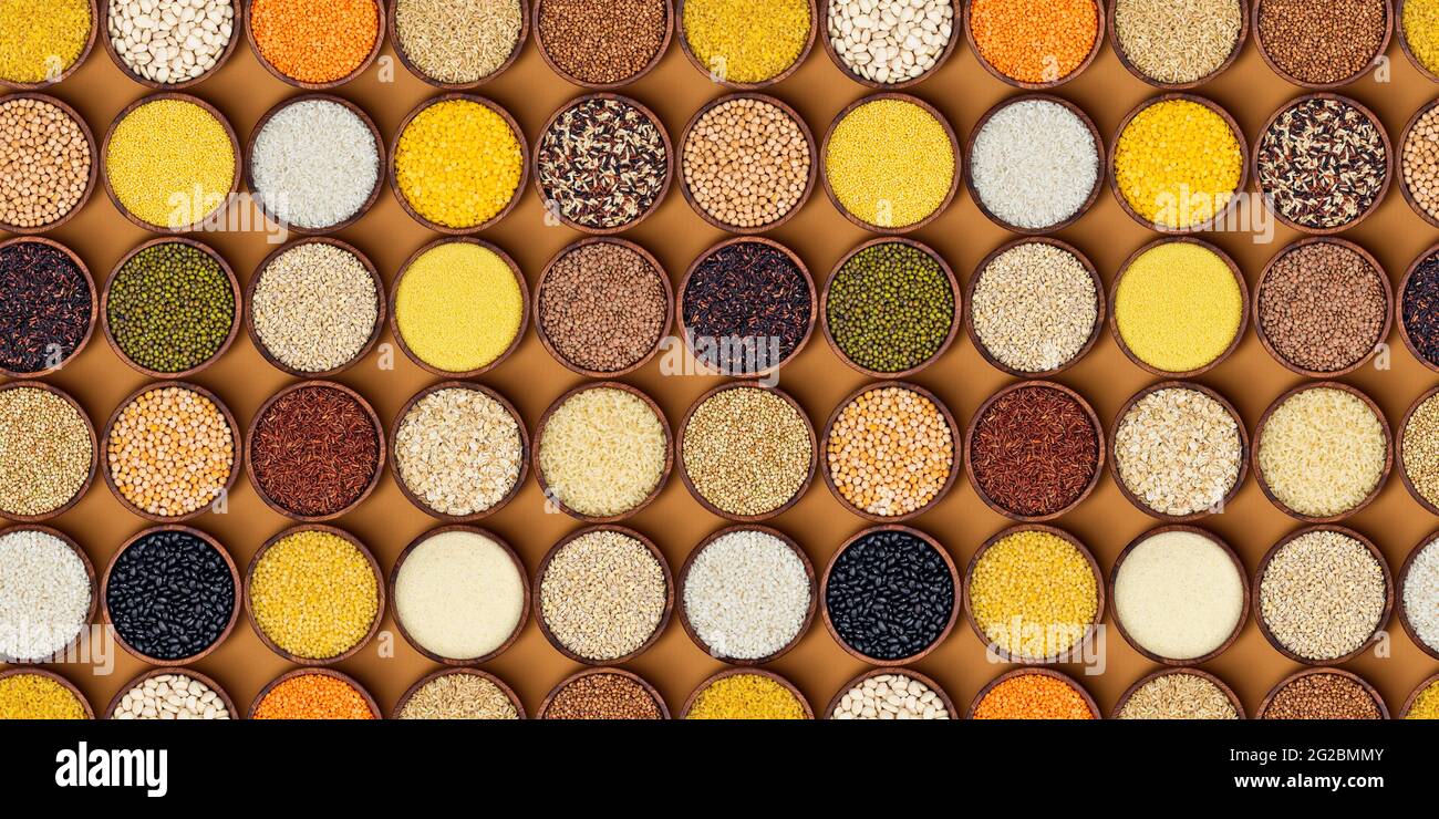 Modèle logique des différentes céréales, grains et flocons. Vue d'en haut Banque D'Images