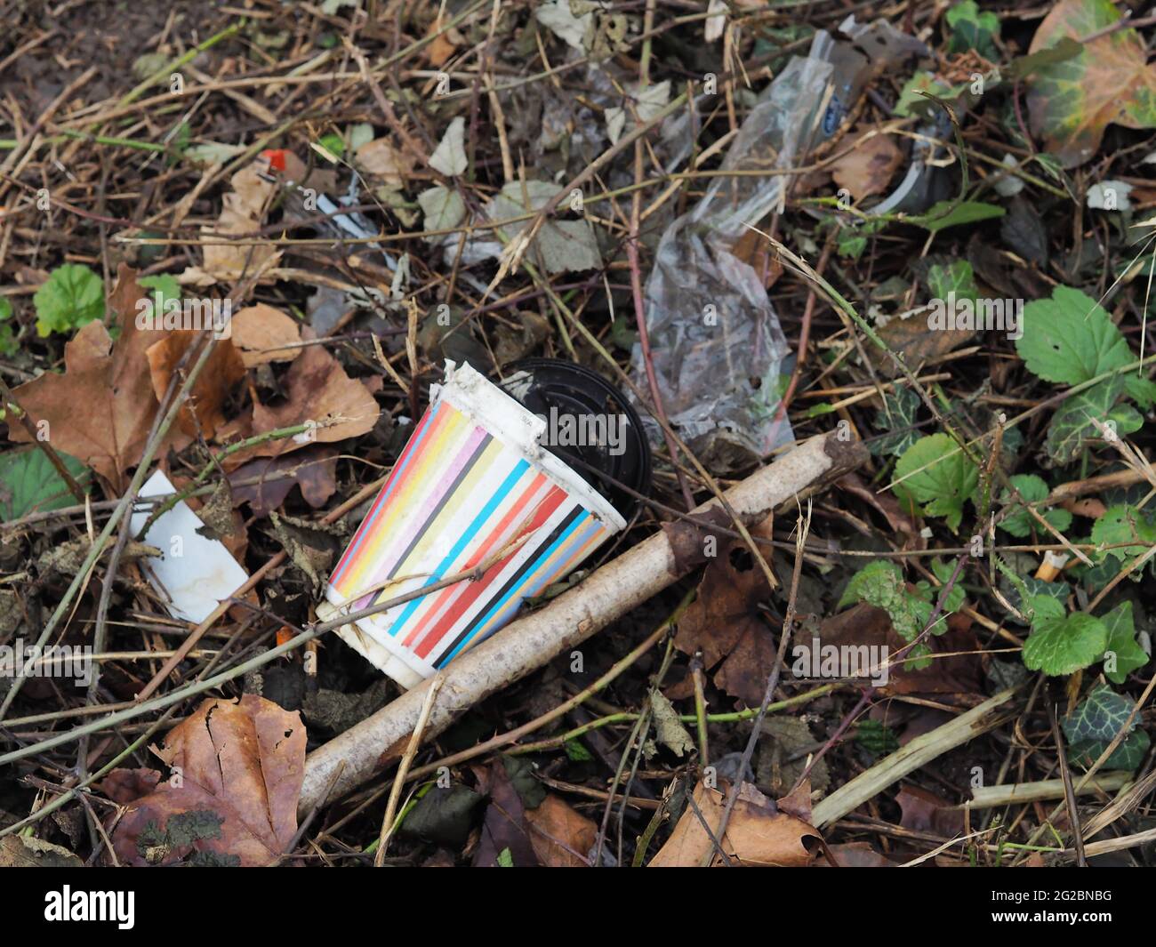 Une tasse en papier de couleur arc-en-ciel et des déchets en plastique se trouvent sur le bord de la route à Heidelberg, en Allemagne. Banque D'Images