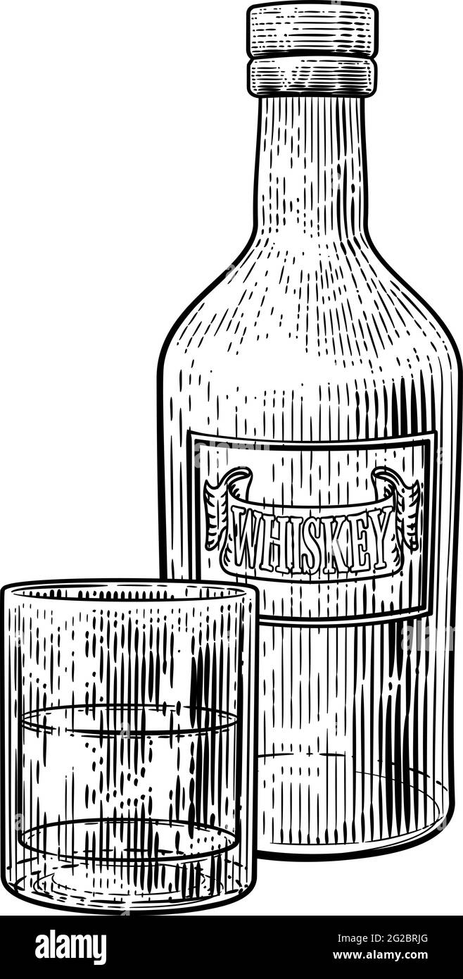Bouteille de whisky et boisson en verre gravure Etching Illustration de Vecteur