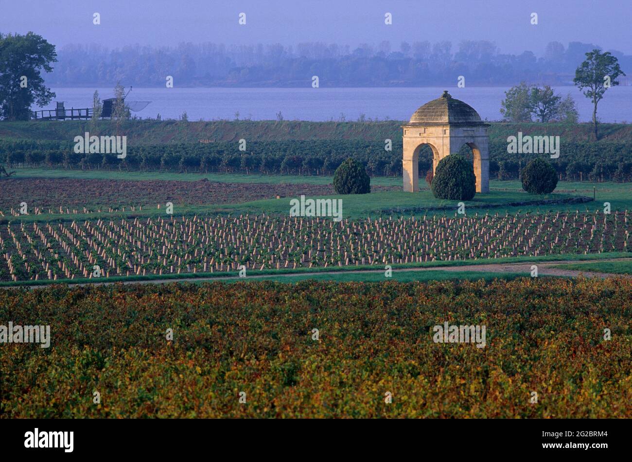 FRANCE. GIRONDE (33) VIN DE BORDEAUX, VIGNOBLE DE LA CÔTE DE BOURG, CHAPELLE DU CHÂTEAU DE BARBE, EN ARRIÈRE-PLAN LA GIRONDE Banque D'Images