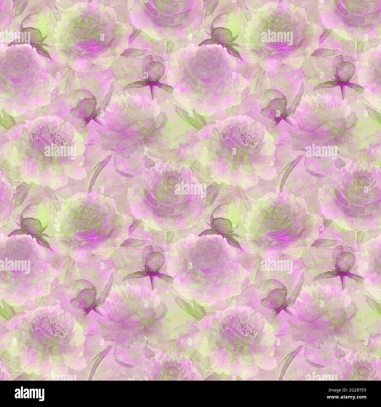 Fleurs de pivoines roses aquarelle. Magnifique motif fleuri sans coutures. Aquarelle dessin à la main printemps botanique rose jaune vert illustration. Imprimer pour Banque D'Images