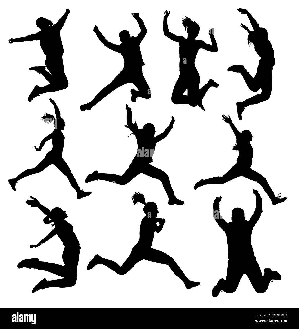 Collection de silhouettes jumping pour filles isolées sur fond blanc Banque D'Images