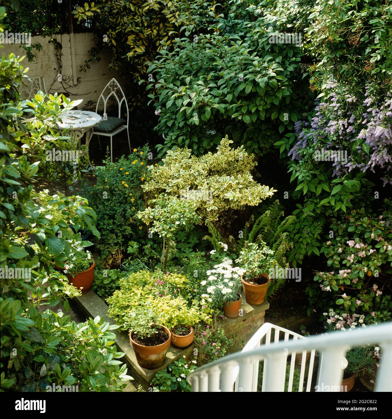 Jardin fleuri avec chaise et table Banque D'Images