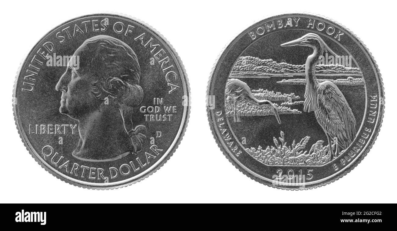 Obverse et inverse de 2015 quart de dollar cupronickel US coin isolé sur fond blanc Banque D'Images