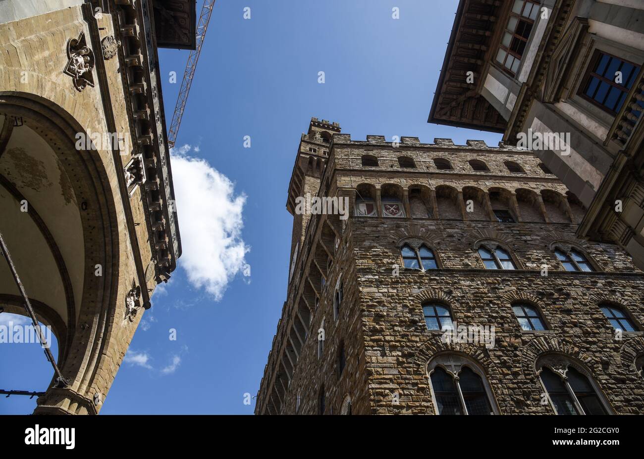 L'angolo fra Loggia dei Lanzi, Palazzo Vecchio e Uffizi a Firenze Banque D'Images