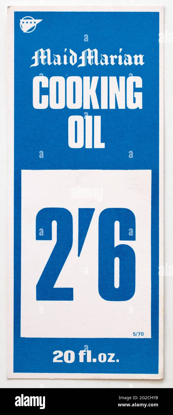 Étiquettes d'affichage de prix de la publicité de magasin des années 1970 - huile de cuisine mariale Maid Banque D'Images