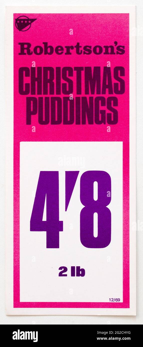 Étiquettes d'affichage de prix de la publicité des magasins des années 1970 - Pudding de Noël de Robertsons Banque D'Images