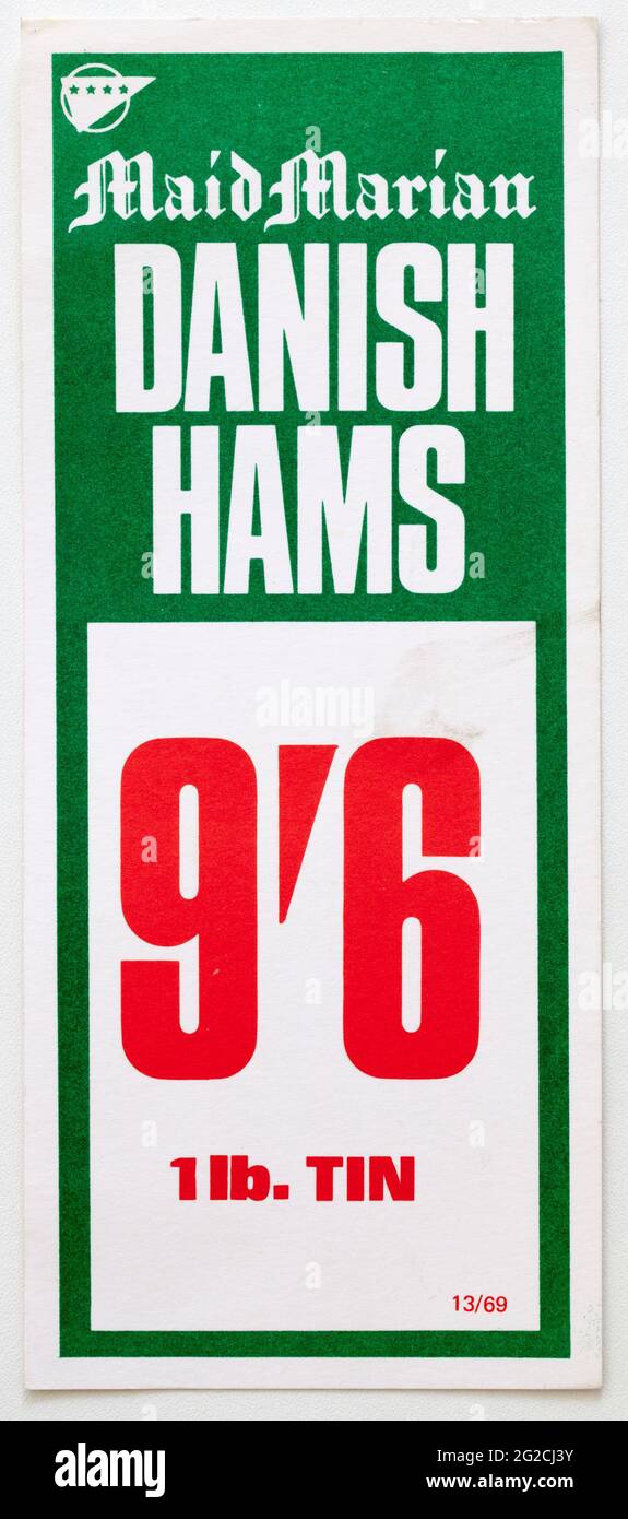 Étiquettes d'affichage de prix de la publicité de magasin des années 1970 - Mamid Marian Hams danois Banque D'Images