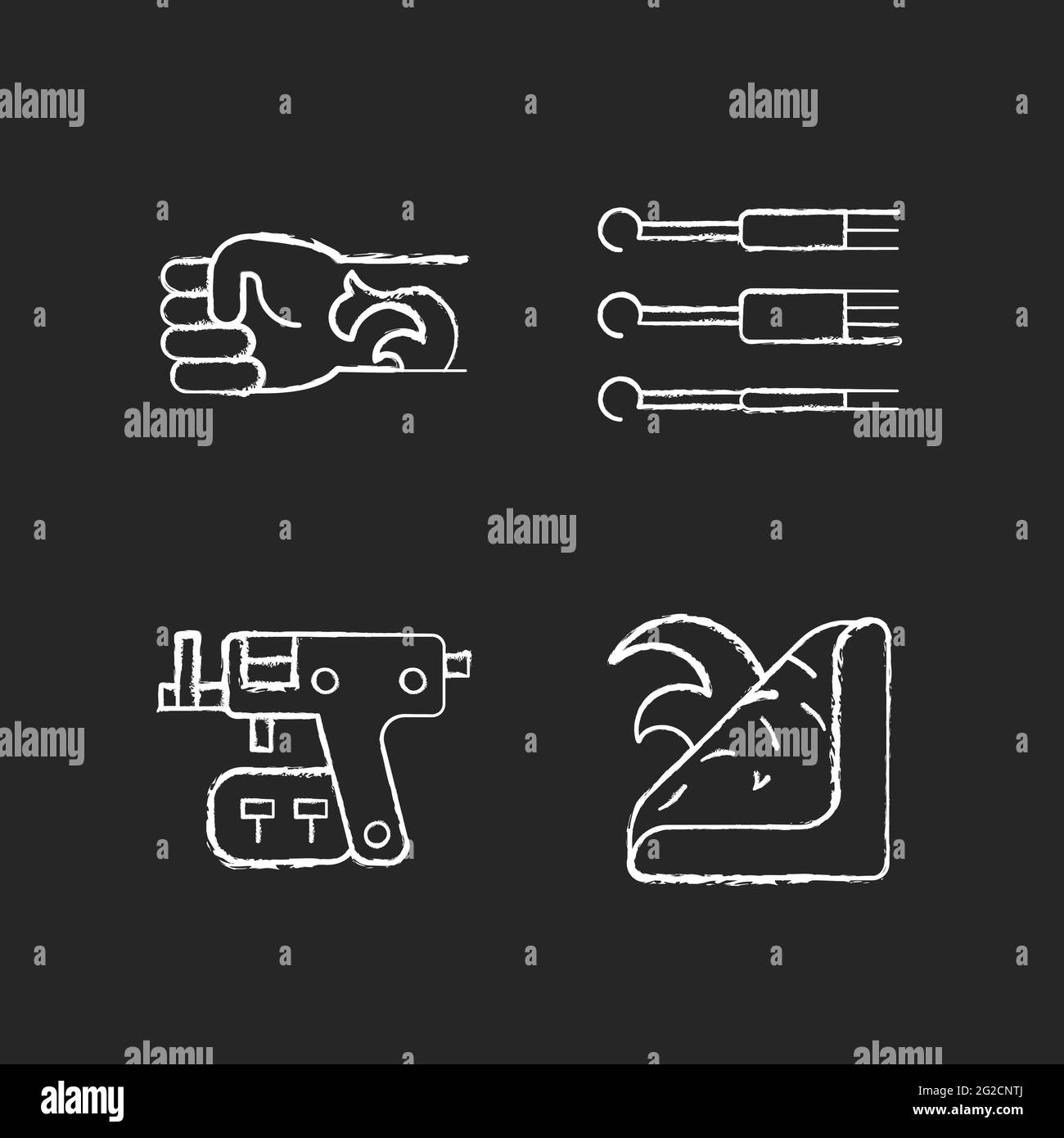 Outils de tatouage et de perçage craie icônes blanches sur fond sombre Illustration de Vecteur