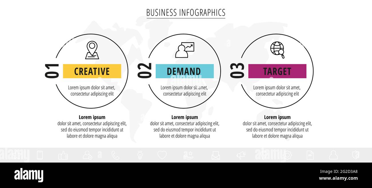 Infographies vectorielles avec trois cercles et icônes. Modèle avec 3 étapes pour diagramme, Web, bannière, présentations, organigramme, contenu, niveaux Illustration de Vecteur