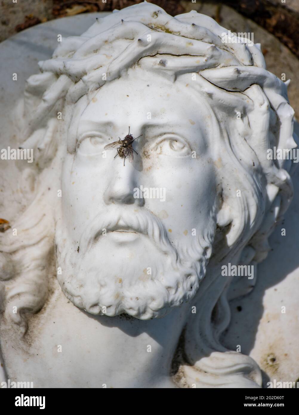 La Statue de Jésus-Christ, avec une seule mouche, est assise sur son nez, un cimetière rural. Banque D'Images
