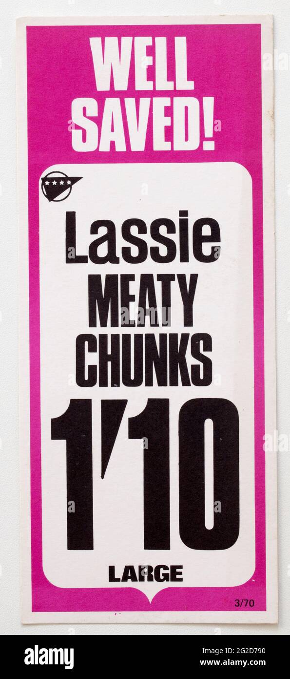 Vintage années 1960 Boutique Publicité carte de prix des aliments - morceaux de lassie Meaty Banque D'Images
