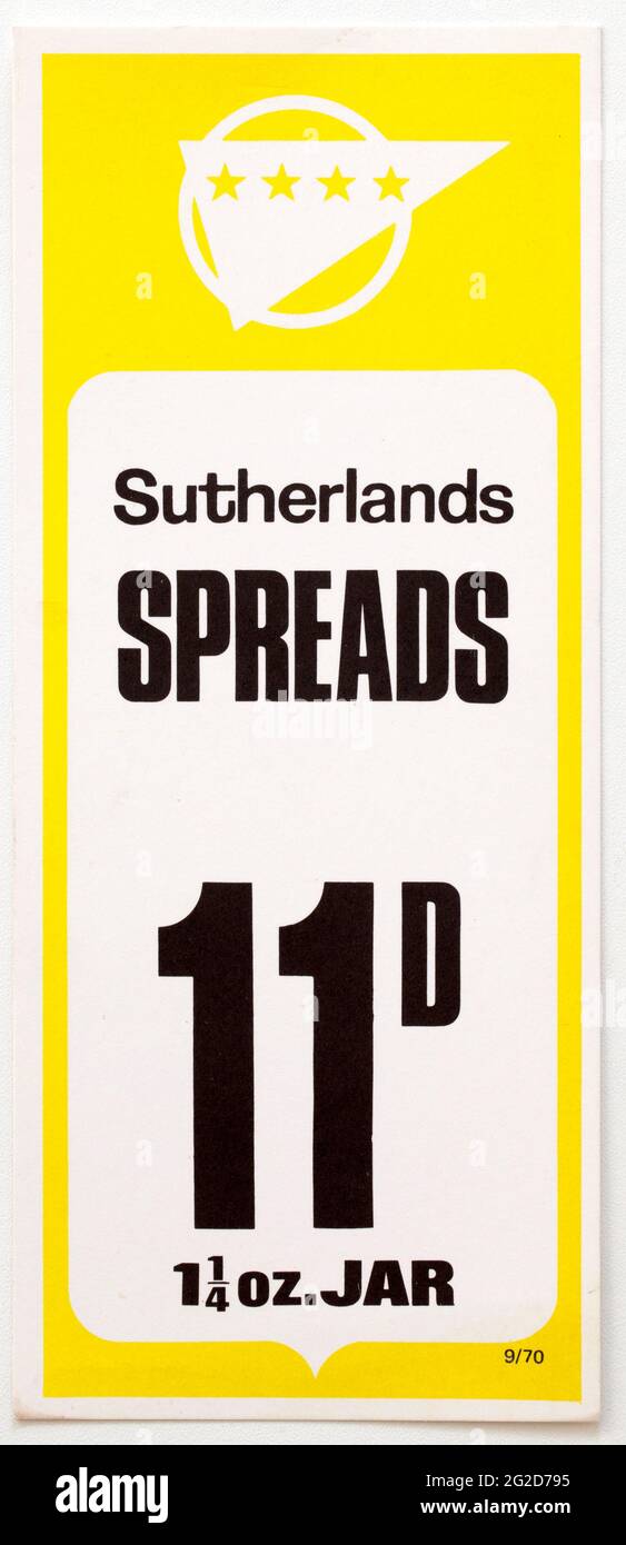 Vintage années 1960 Boutique Publicité carte de prix des aliments - Sutherlands spreads Banque D'Images