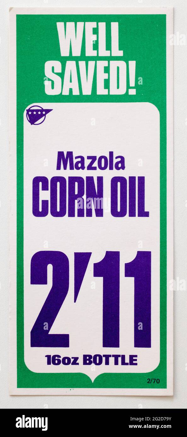 Vintage années 1960 Shop Publicité carte de prix alimentaire - huile de maïs de Mazola Banque D'Images