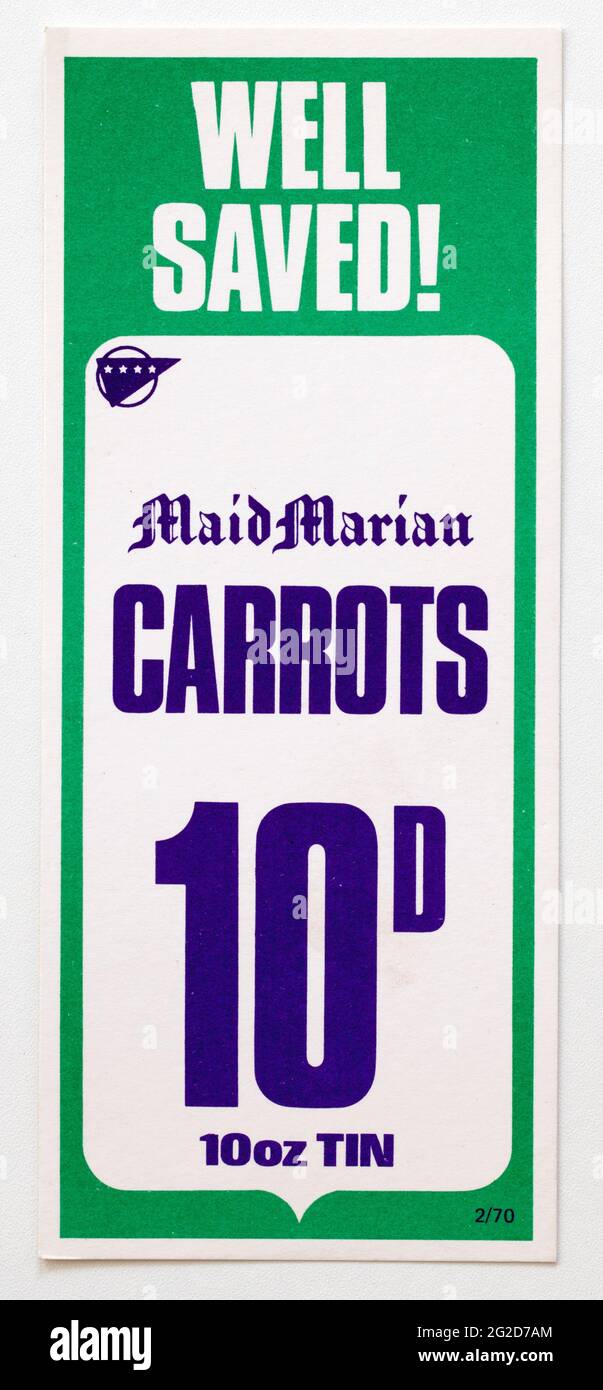Vintage années 1960 Boutique Publicité carte de prix des aliments - Maid Marion carottes Banque D'Images