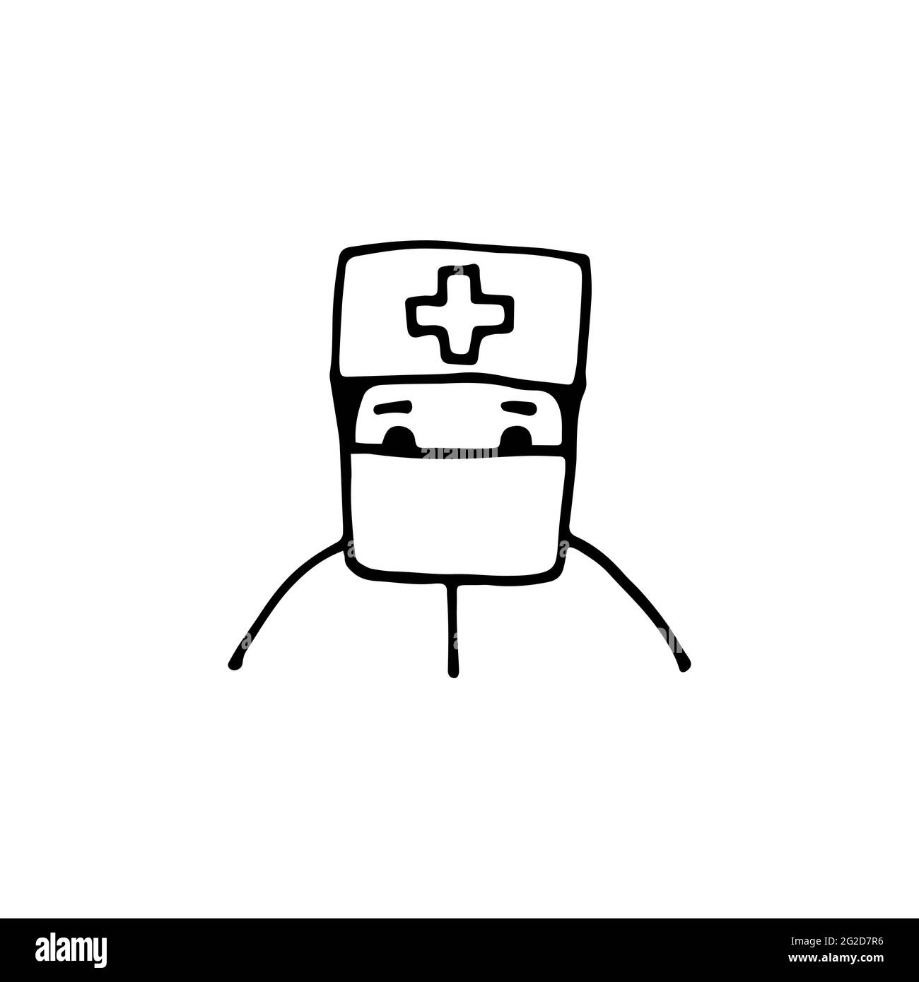 Vecteur doodle personnage médecin. Contour homme dans un masque de protection. Travailleur médical isolé sur fond blanc. Signe de médecine, protection, santé ca Illustration de Vecteur