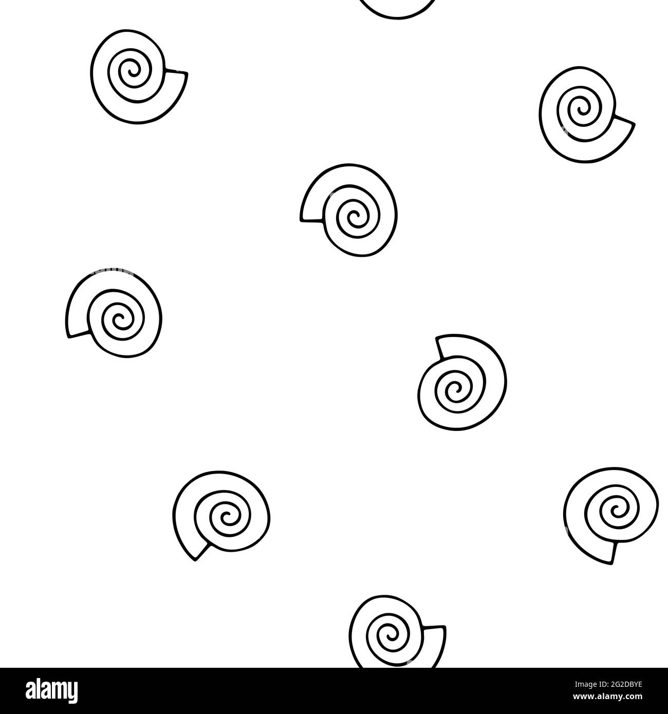 Mouettes sans coutures motif vectoriel estival. Escargots de mer à contour noir isolés sur fond blanc. Illustration avec coques aléatoires pour papier peint, enveloppe Illustration de Vecteur