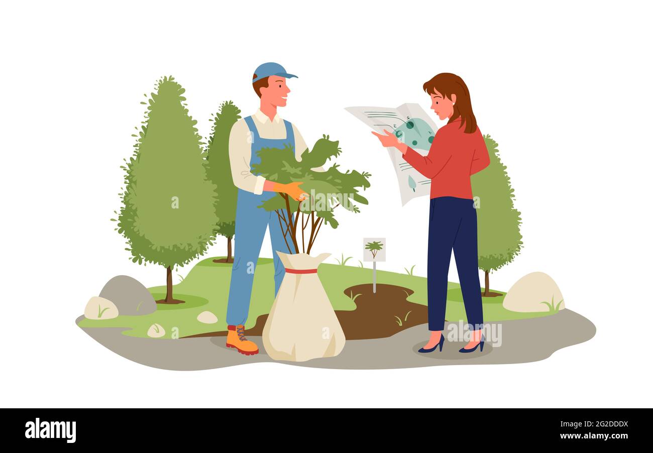 Les gens cultivent des arbres dans la forêt, le parc ou le travail d'agriculture de jardin, jardinier tenant le sarcelle Illustration de Vecteur