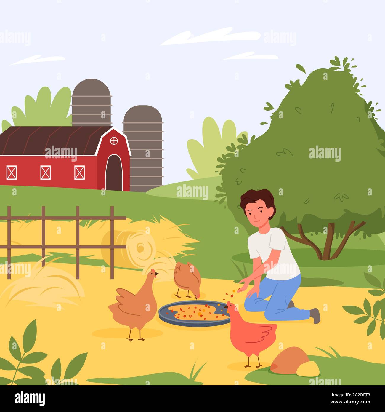 Alimentation des oiseaux de ferme, paysage de village, garçon heureux aidant à nourrir les poulets dans la cour de la ferme Illustration de Vecteur
