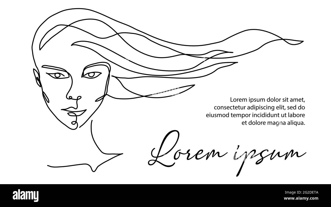 Femme cheveux une ligne art. coiffeurs, panneau, bannière, magasin signe design. Fille, femme, femme minimaliste portrait vectoriel. Pour le salon de beauté, l'utilisation du spa Illustration de Vecteur Femme cheveux une ligne art. coiffeurs, panneau, bannière, magasin signe design. Fille, femme, femme minimaliste portrait vectoriel. Pour le salon de beauté, l'utilisation du spa Illustration de Vecteur