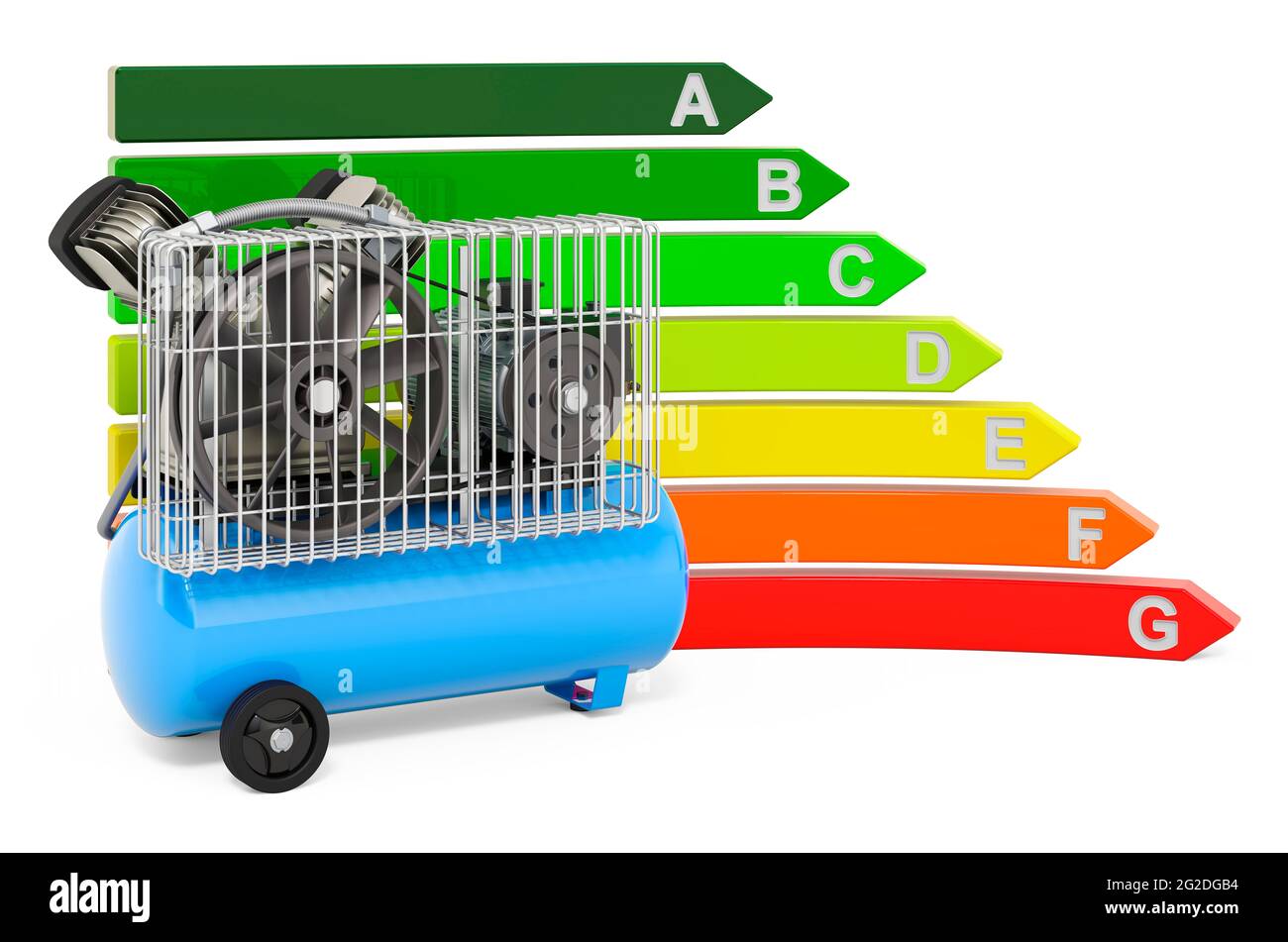 Compresseur d'air avec tableau d'efficacité énergétique, rendu 3D isolé sur fond blanc Banque D'Images