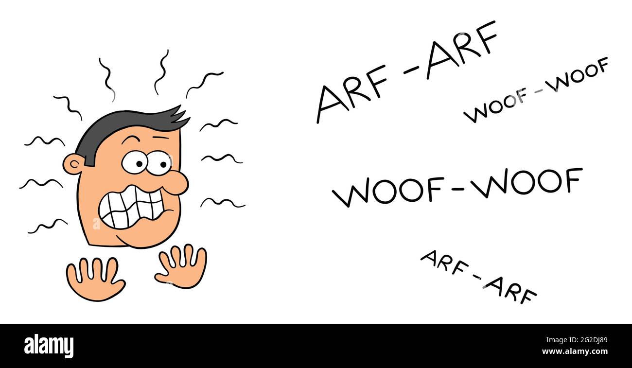 Homme de dessin animé très peur de l'aboiement de chien, illustration vectorielle. Contour noir et couleur. Illustration de Vecteur