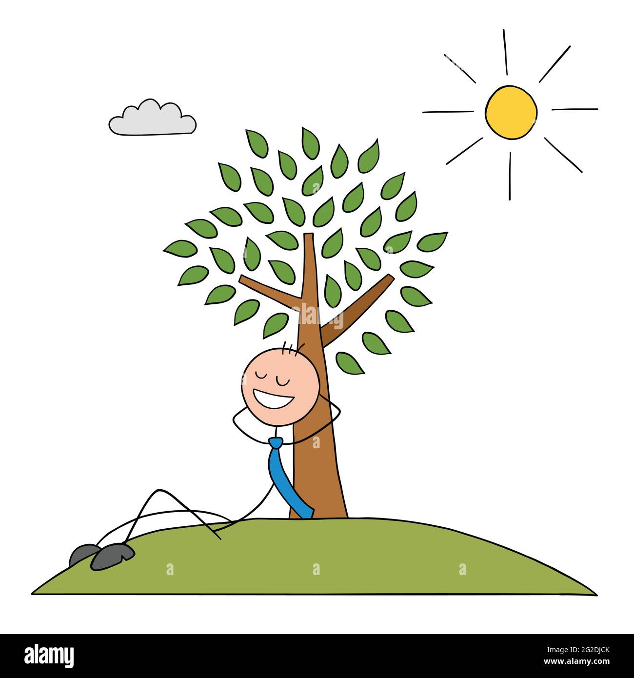 Stickman homme d'affaires personnage penché contre un arbre et se reposant au soleil, illustration de dessin animé vectoriel. Contour noir et couleur. Illustration de Vecteur