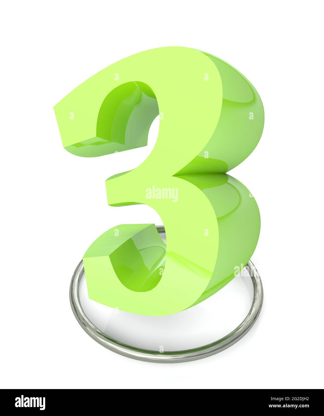 Numéro 3 vert sur cercle métallique sur fond blanc - illustration du rendu 3D Banque D'Images
