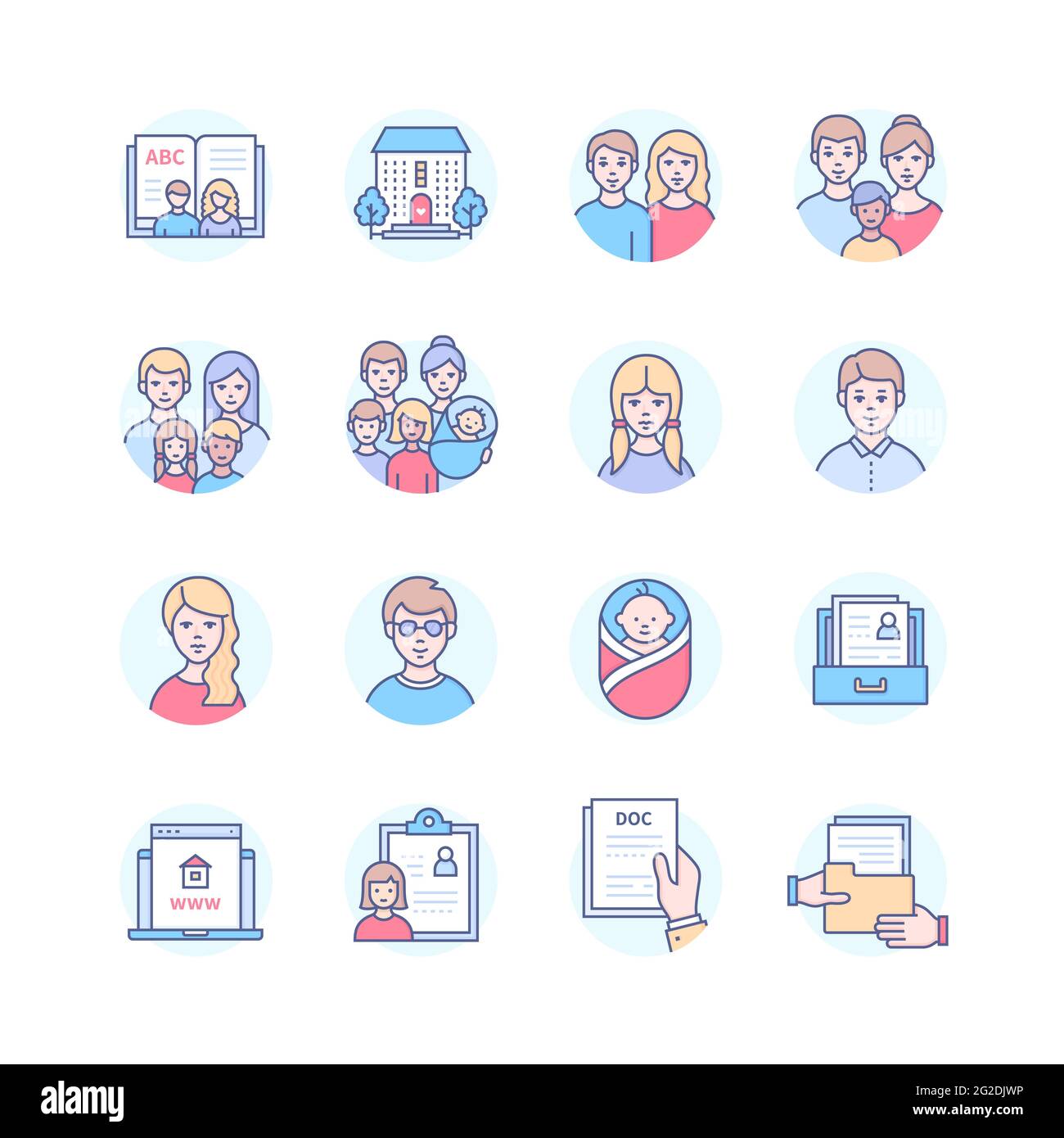 La maison des enfants - des icônes de style moderne de design de ligne sur fond blanc. Idée de garde d'enfants, d'adoption et de promotion. École pour parents d'accueil, nouveau-né Illustration de Vecteur