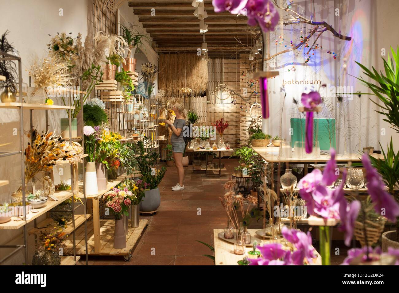 Une femme se tient dans un magasin de fleurs / plantes à Barcelone pendant les vacances / vacances. Banque D'Images