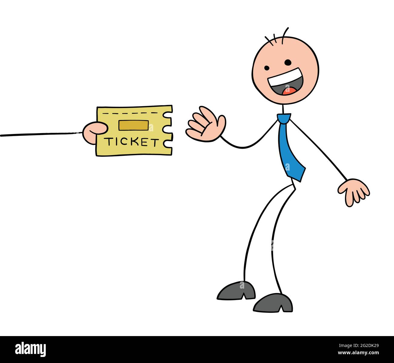 Stickman homme d'affaires personnage prenant un billet et très heureux, vecteur illustration de dessin animé. Contour noir et couleur. Illustration de Vecteur