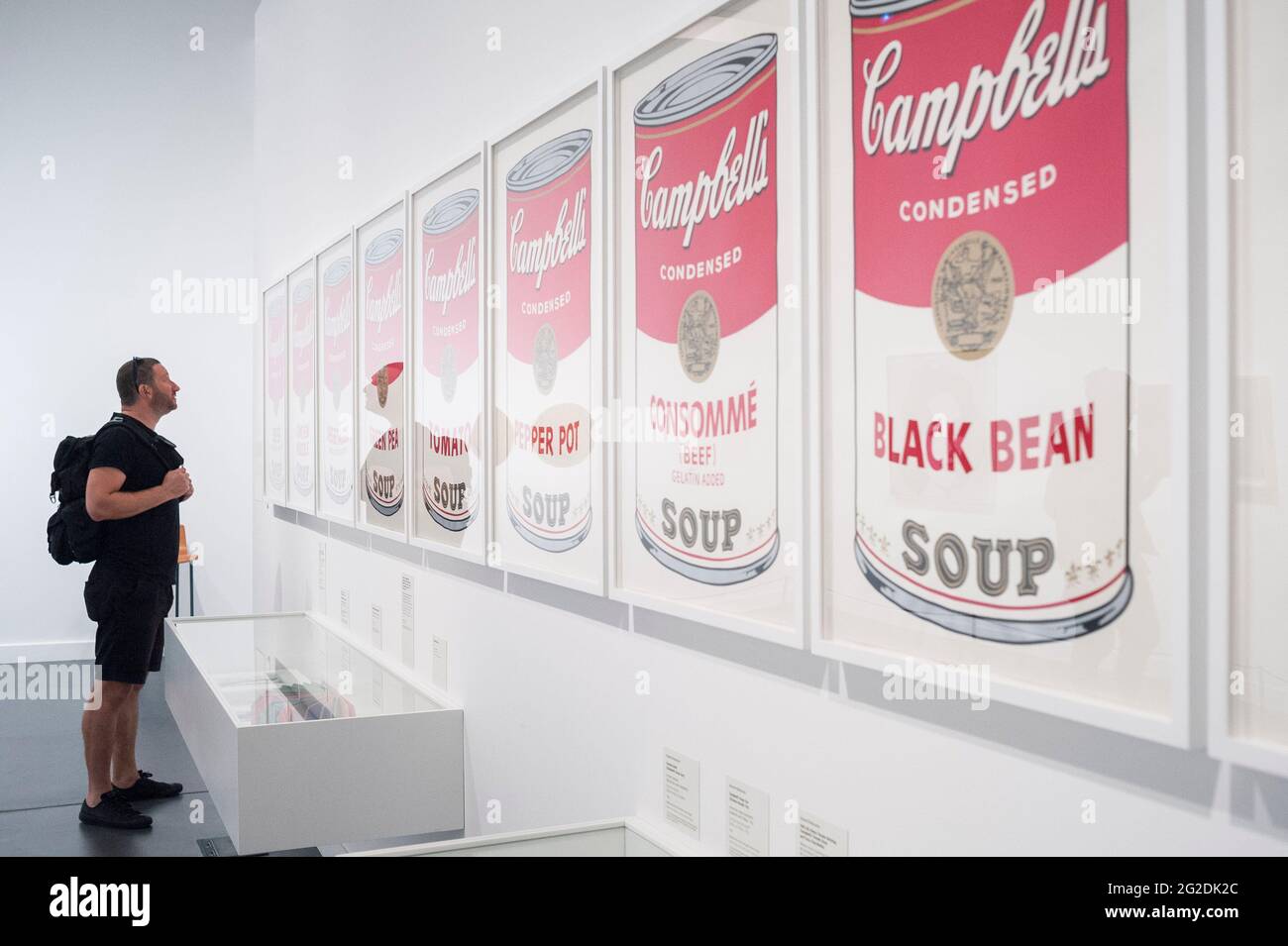 Personne debout dans un musée d'art moderne exposition Andy Warhol Pop Art à Barcelone, Espagne Banque D'Images