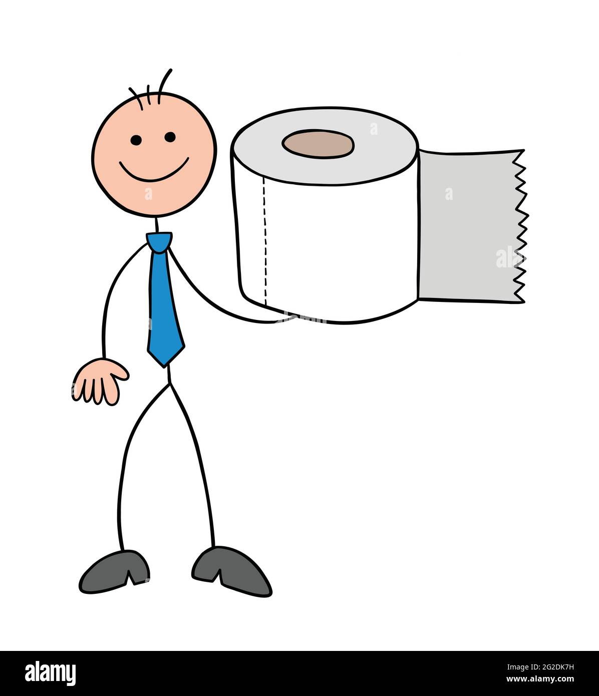 Personnage d'homme d'affaires stickman avec papier toilette, illustration de dessin animé vectoriel. Contour noir et couleur. Illustration de Vecteur