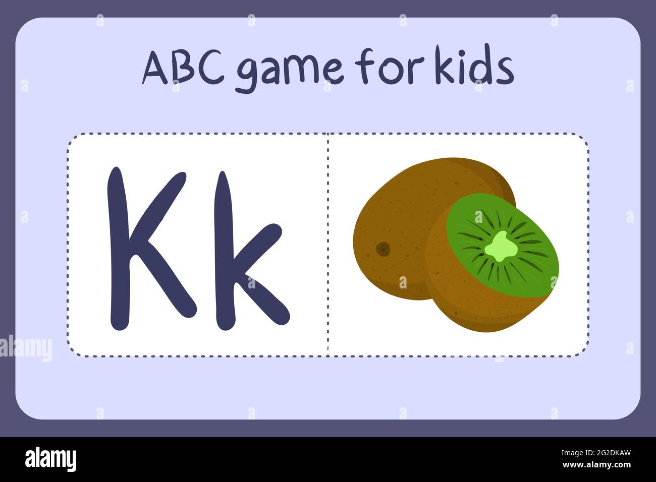Mini-jeux d'alphabet pour enfants de style dessin animé avec la lettre K - kiwi. Illustration vectorielle pour la conception de jeux - couper et jouer. Apprenez l'abc avec des cartes flash de fruits et légumes. Illustration de Vecteur