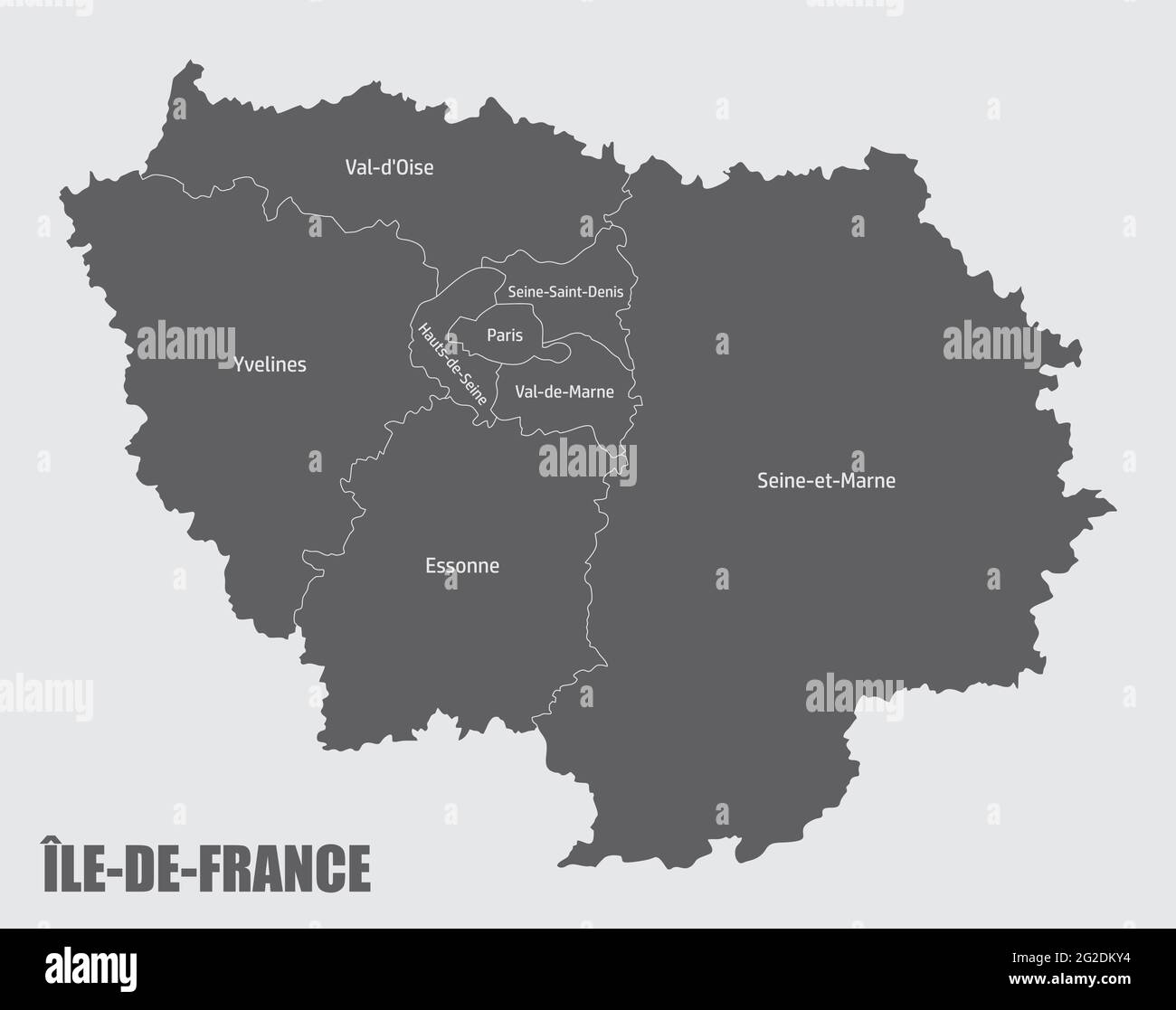 Carte administrative Ile-de-France divisée en départements avec labels, France Illustration de Vecteur