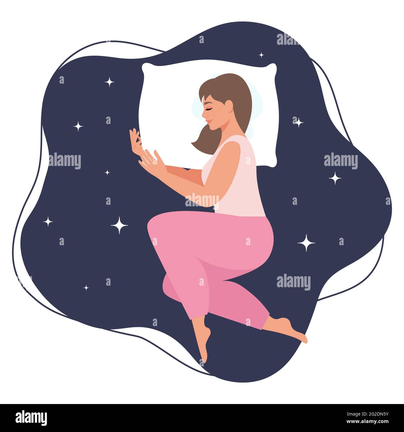 Jeune femme dormant. Sweet Dreams concept, sommeil santé. Modèle de conception avec posture de sommeil pour publicité, bannière, prospectus, mise en page Illustration de Vecteur