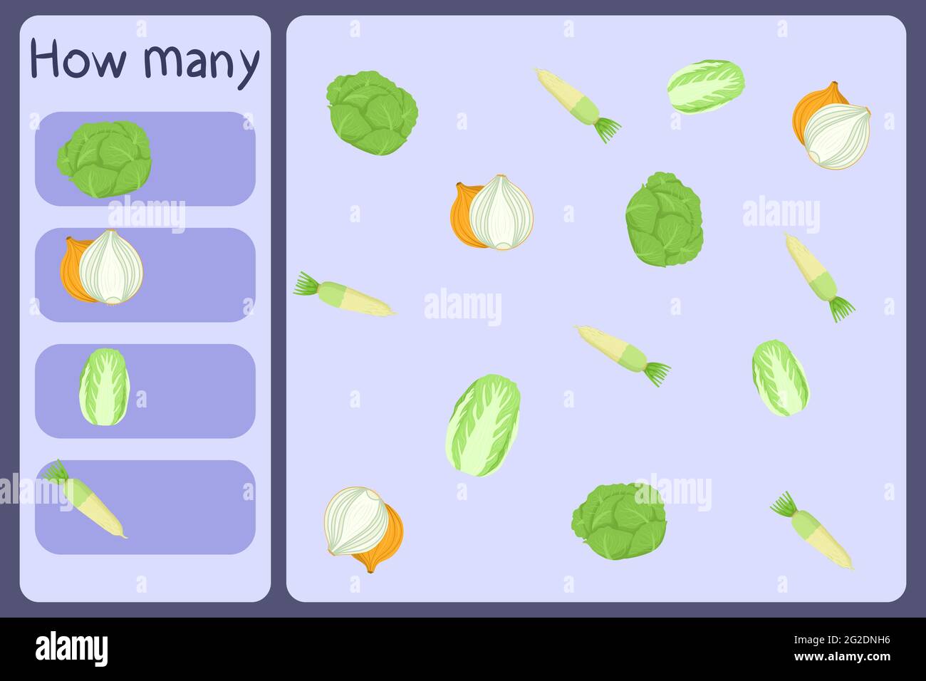 Mini jeu mathématique pour enfants - comptez combien de légumes - chou, oignon, daikon. Jeux éducatifs pour enfants. Modèle de dessin animé sur fond coloré. Graphique vectoriel. Illustration de Vecteur