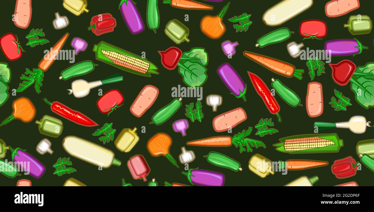 Légumes du jardin. Style dessin animé plat. Sans couture. Courgettes, concombres, carottes, poivrons, pommes de terre, oignons, ail, herbes, betteraves, aubergine. Sombre Illustration de Vecteur