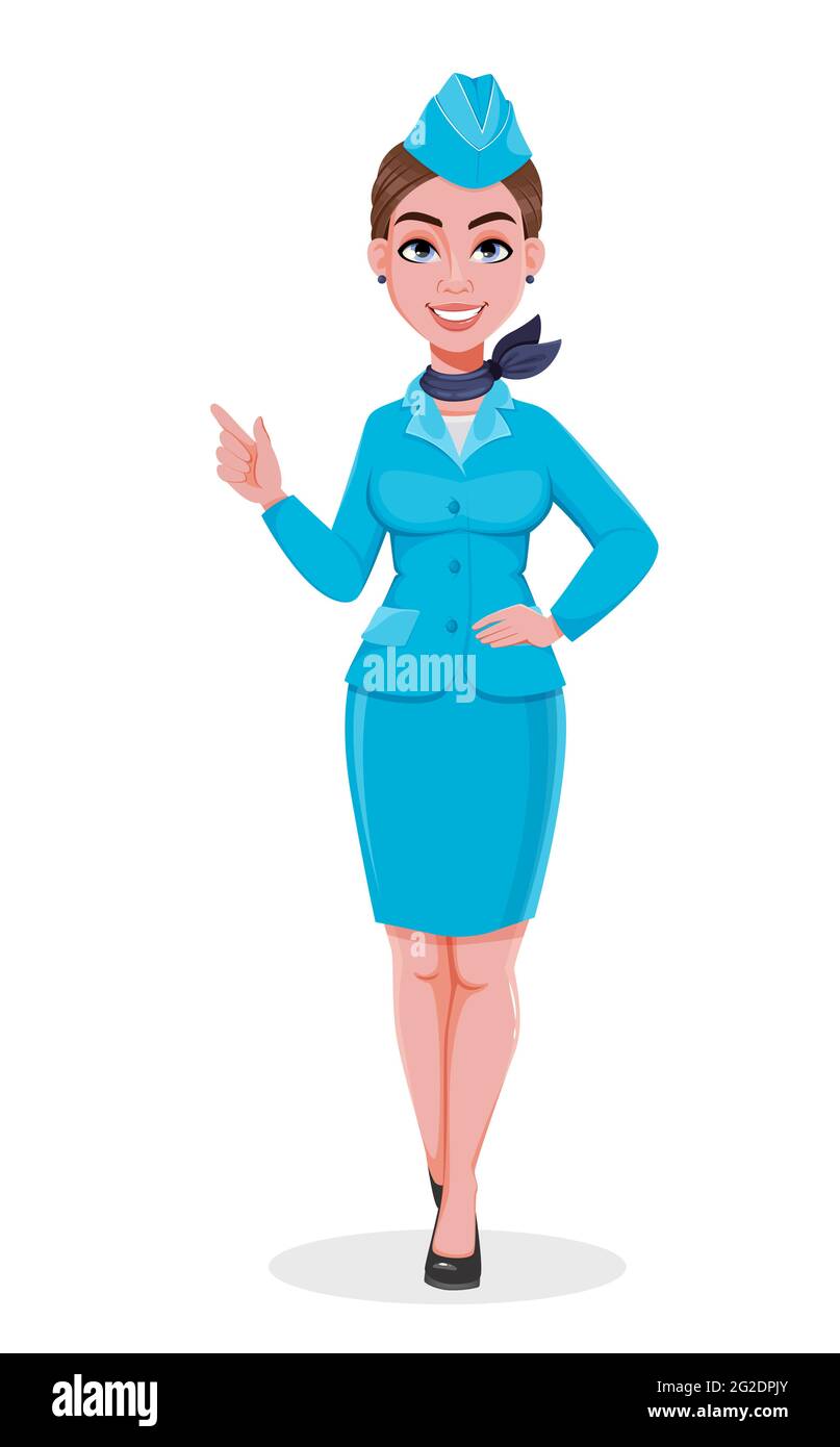 Hôtesse en uniforme bleu pointant sur quelque chose. Belle femme hôtesse personnage de dessin animé en uniforme professionnel. Illustration du vecteur de stock sur W Illustration de Vecteur