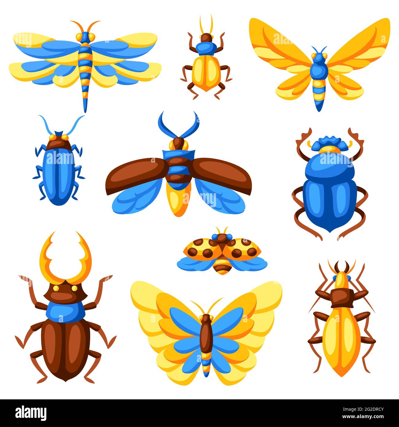 Ensemble d'insectes. Papillons stylisés, coléoptères et libellules. Illustration de Vecteur